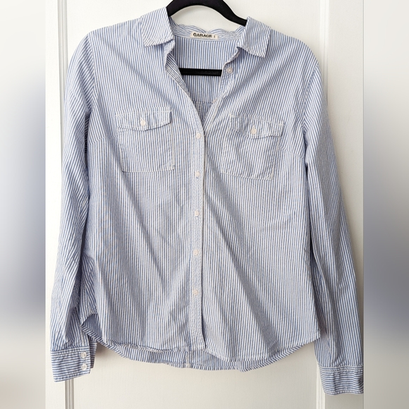 Garage Tops - Garage Blue and White Soft Cotton Fitted Button Up Long Sleeve Collared Shirt
